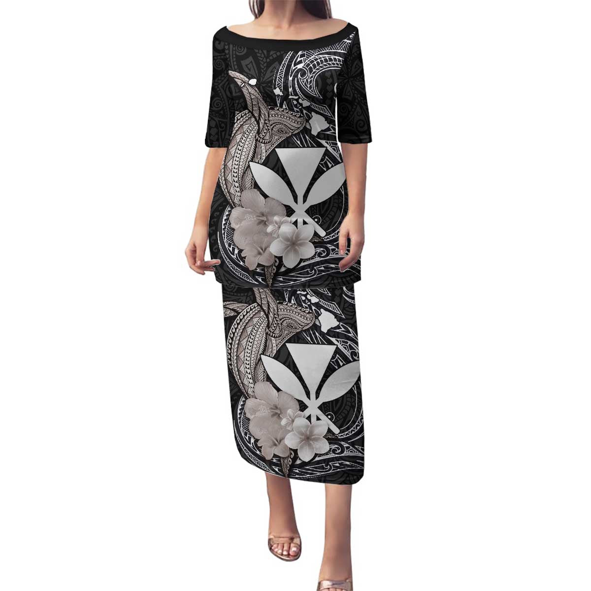 Hawaiian Whale and Kanaka Maoli Symbol Family Matching Puletasi and Hawaiian Shirt Hibiscus with Hawaii Map and Polynesian Tattoo Grayscale Color