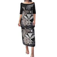 Hawaiian Whale and Kanaka Maoli Symbol Family Matching Puletasi and Hawaiian Shirt Hibiscus with Hawaii Map and Polynesian Tattoo Grayscale Color