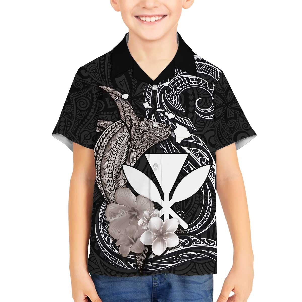 Hawaiian Whale and Kanaka Maoli Symbol Family Matching Puletasi and Hawaiian Shirt Hibiscus with Hawaii Map and Polynesian Tattoo Grayscale Color