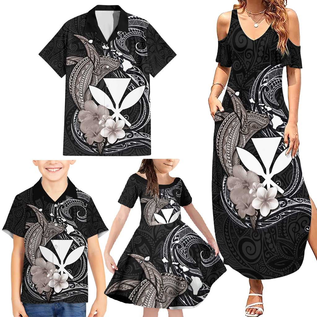 Hawaiian Whale and Kanaka Maoli Symbol Family Matching Summer Maxi Dress and Hawaiian Shirt Hibiscus with Hawaii Map and Polynesian Tattoo Grayscale Color LT03 - Polynesian Pride