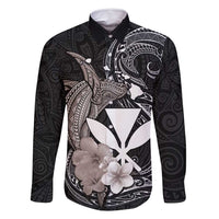 Hawaiian Whale and Kanaka Maoli Symbol Family Matching Tank Maxi Dress and Hawaiian Shirt Hibiscus with Hawaii Map and Polynesian Tattoo Grayscale Color