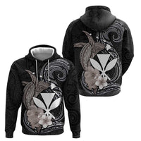 Hawaiian Whale and Kanaka Maoli Symbol Hoodie Hibiscus with Hawaii Map and Polynesian Tattoo Grayscale Color