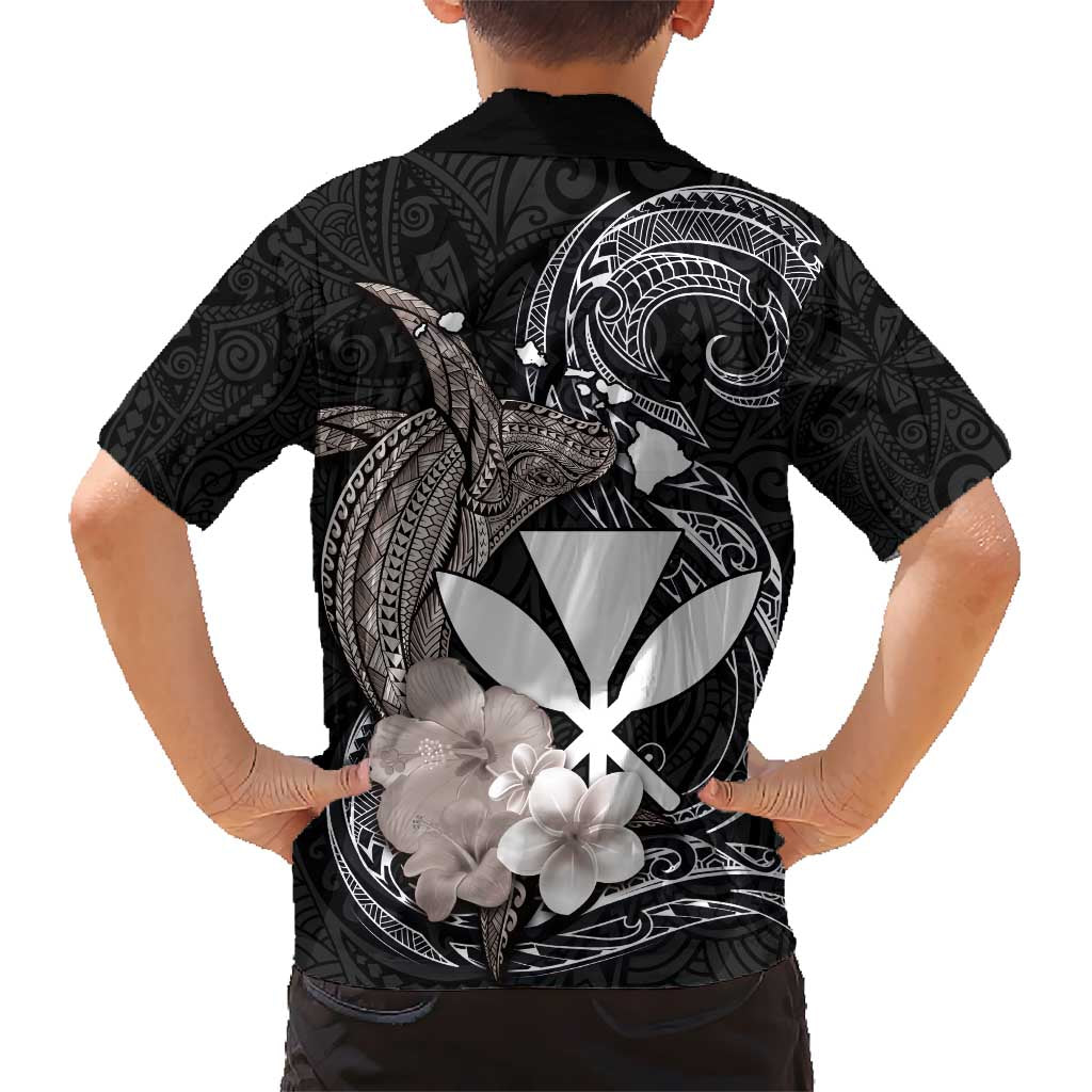 Hawaiian Whale and Kanaka Maoli Symbol Kid Hawaiian Shirt Hibiscus with Hawaii Map and Polynesian Tattoo Grayscale Color