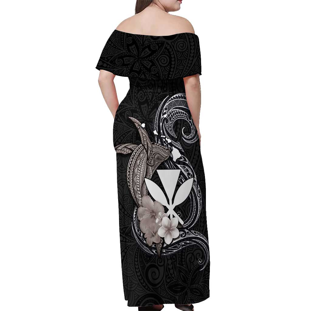 Hawaiian Whale and Kanaka Maoli Symbol Off Shoulder Maxi Dress Hibiscus with Hawaii Map and Polynesian Tattoo Grayscale Color
