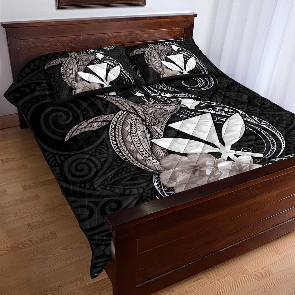 Hawaiian Whale and Kanaka Maoli Symbol Quilt Bed Set Hibiscus with Hawaii Map and Polynesian Tattoo Grayscale Color