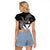 Hawaiian Whale and Kanaka Maoli Symbol Raglan Cropped T Shirt Hibiscus with Hawaii Map and Polynesian Tattoo Grayscale Color