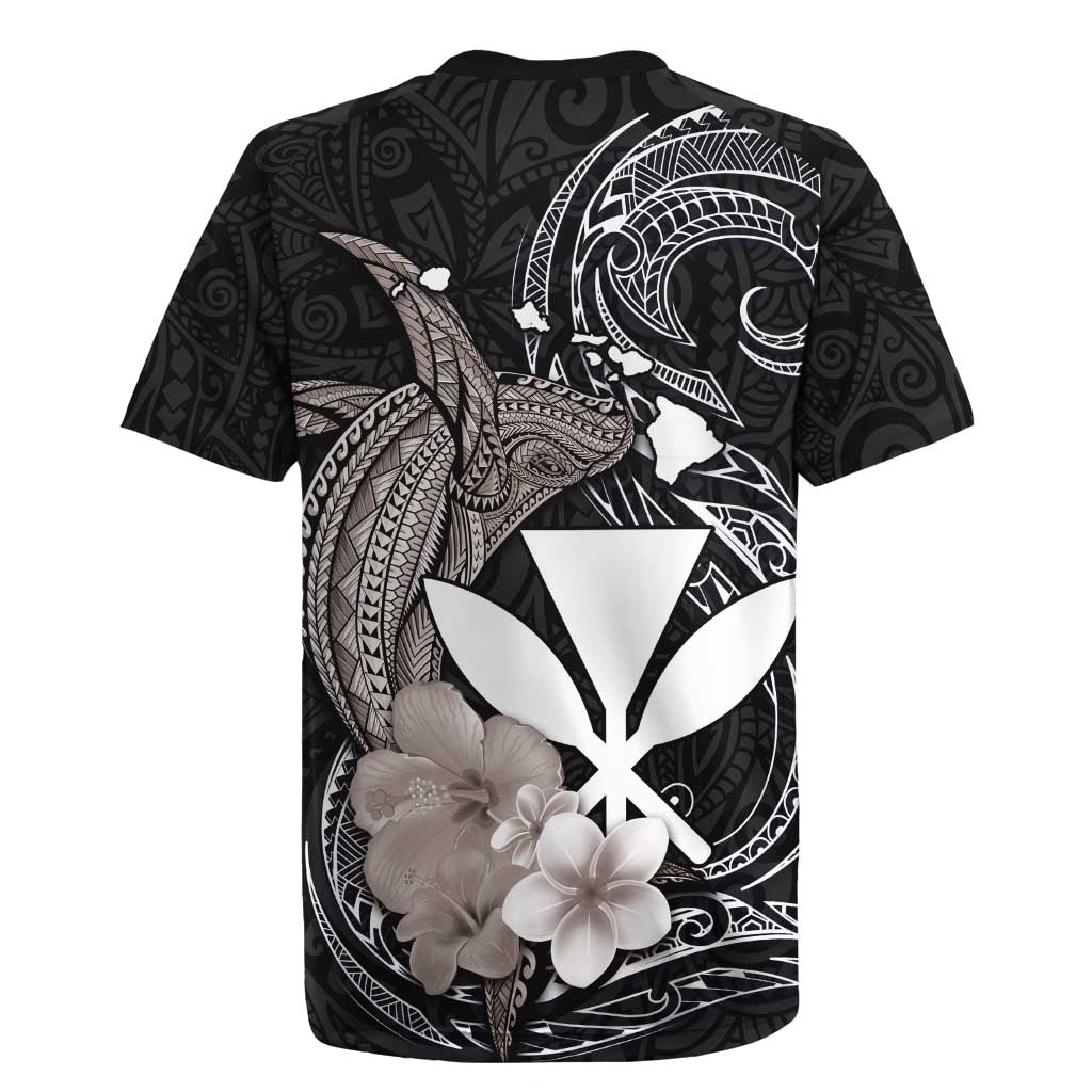 Hawaiian Whale and Kanaka Maoli Symbol Rugby Jersey Hibiscus with Hawaii Map and Polynesian Tattoo Grayscale Color
