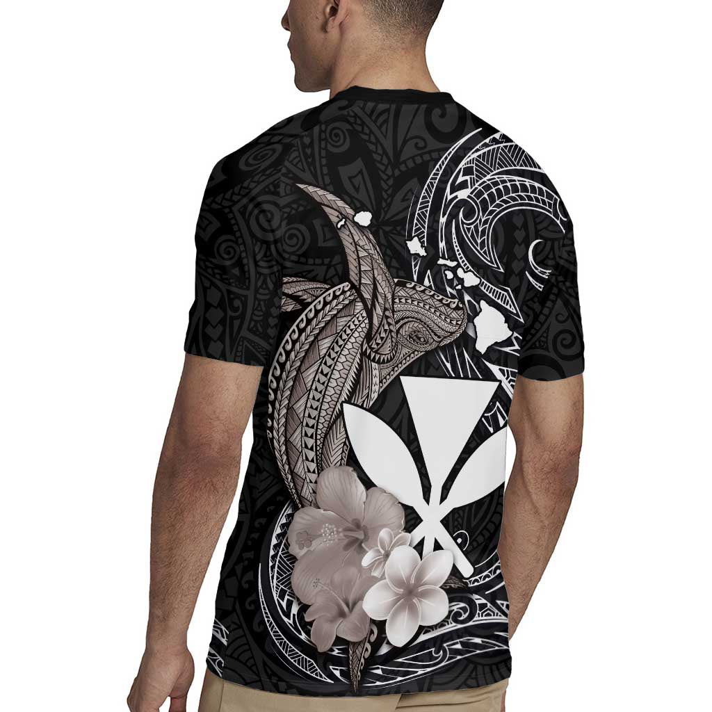 Hawaiian Whale and Kanaka Maoli Symbol Rugby Jersey Hibiscus with Hawaii Map and Polynesian Tattoo Grayscale Color