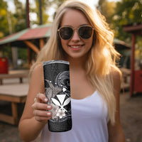 Hawaiian Whale and Kanaka Maoli Symbol Skinny Tumbler Hibiscus with Hawaii Map and Polynesian Tattoo Grayscale Color