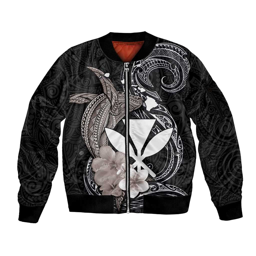 Hawaiian Whale and Kanaka Maoli Symbol Sleeve Zip Bomber Jacket Hibiscus with Hawaii Map and Polynesian Tattoo Grayscale Color LT03 Unisex Black - Polynesian Pride