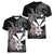 Hawaiian Whale and Kanaka Maoli Symbol Women V-Neck T-Shirt Hibiscus with Hawaii Map and Polynesian Tattoo Grayscale Color