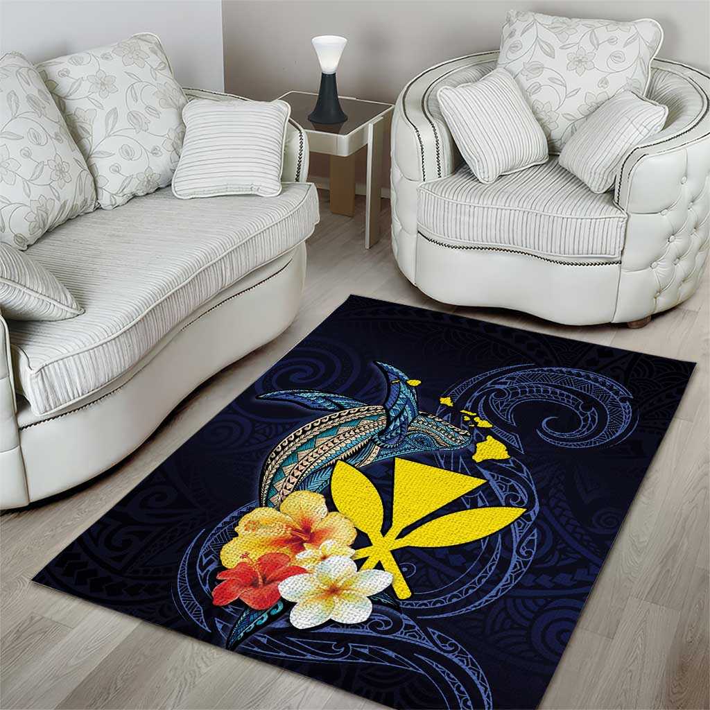 Hawaiian Whale and Kanaka Maoli Symbol Area Rug Hibiscus with Hawaii Map and Polynesian Tattoo Deep Sea Color