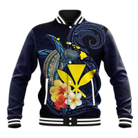 Hawaiian Whale and Kanaka Maoli Symbol Baseball Jacket Hibiscus with Hawaii Map and Polynesian Tattoo Deep Sea Color