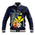 Hawaiian Whale and Kanaka Maoli Symbol Baseball Jacket Hibiscus with Hawaii Map and Polynesian Tattoo Deep Sea Color
