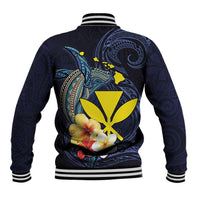 Hawaiian Whale and Kanaka Maoli Symbol Baseball Jacket Hibiscus with Hawaii Map and Polynesian Tattoo Deep Sea Color