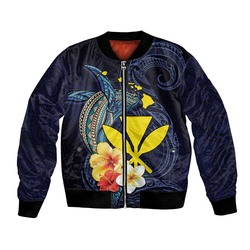 Hawaiian Whale and Kanaka Maoli Symbol Bomber Jacket Hibiscus with Hawaii Map and Polynesian Tattoo Deep Sea Color LT03 Unisex Blue - Polynesian Pride