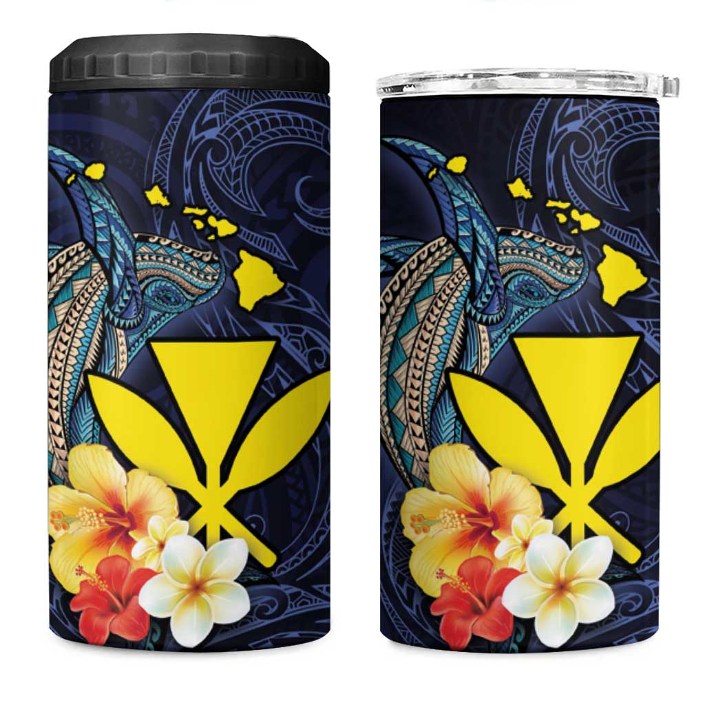 Hawaiian Whale and Kanaka Maoli Symbol 4 in 1 Can Cooler Tumbler Hibiscus with Hawaii Map and Polynesian Tattoo Deep Sea Color