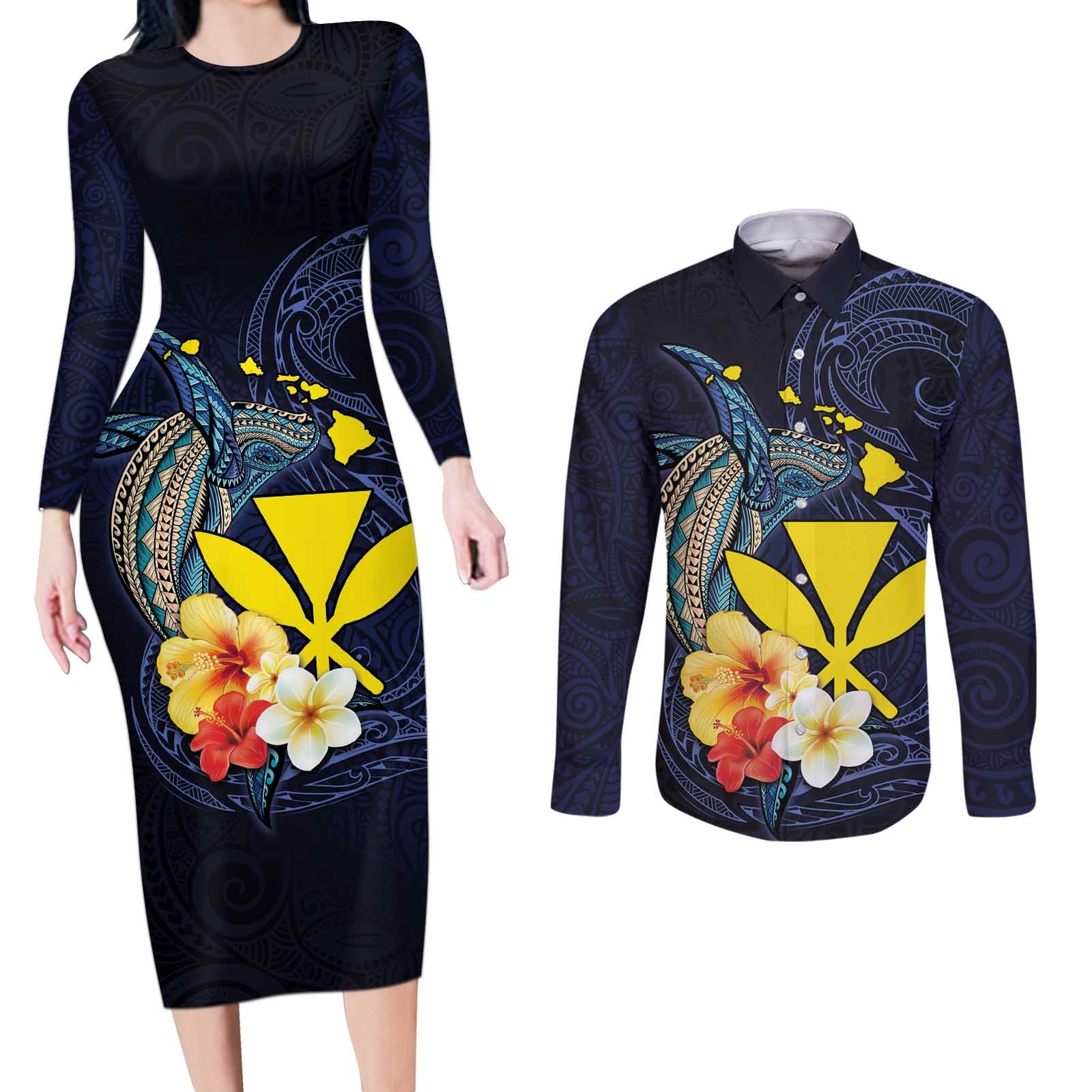 Hawaiian Whale and Kanaka Maoli Symbol Couples Matching Long Sleeve Bodycon Dress and Long Sleeve Button Shirt Hibiscus with Hawaii Map and Polynesian Tattoo Deep Sea Color LT03 Blue - Polynesian Pride