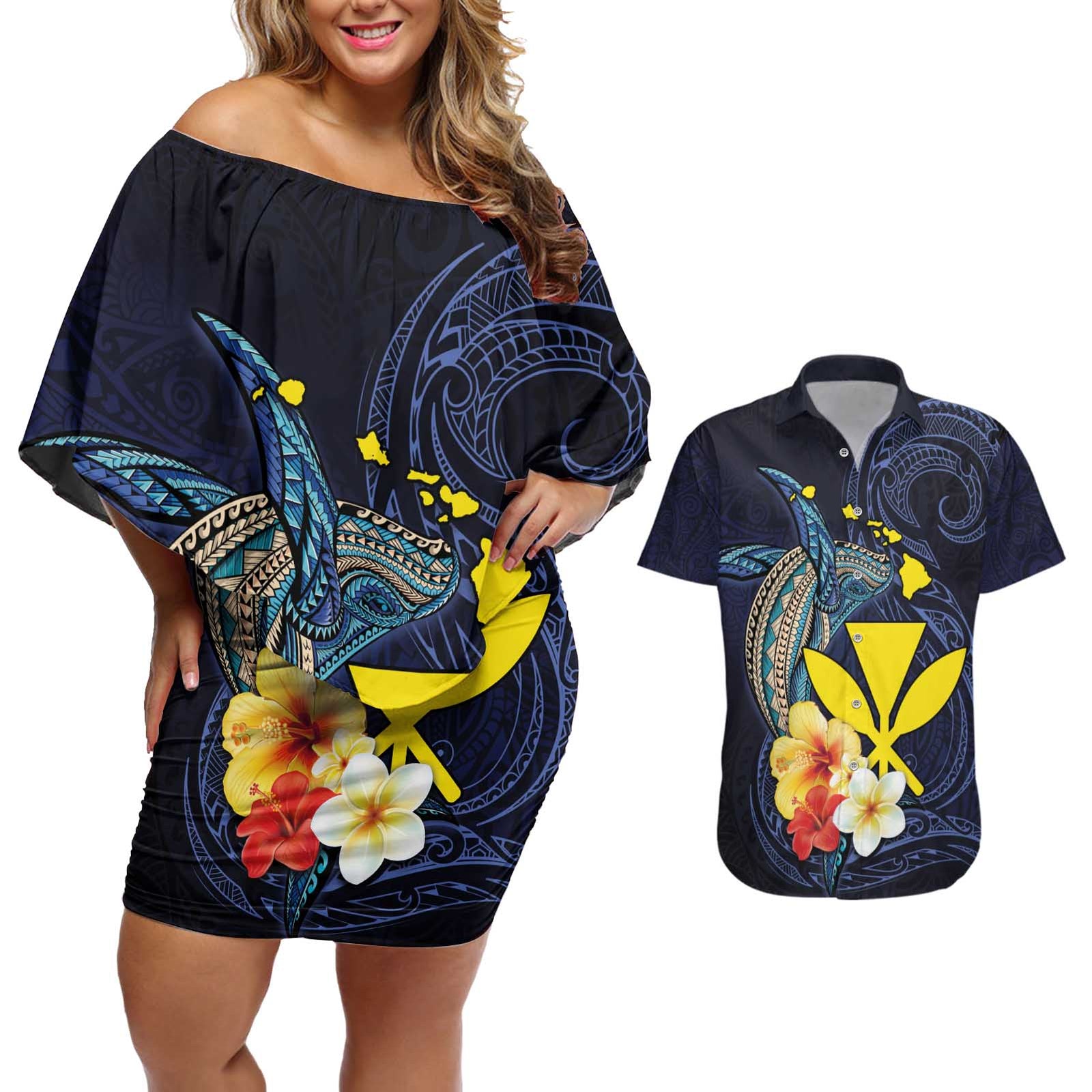 Hawaiian Whale and Kanaka Maoli Symbol Couples Matching Off Shoulder Short Dress and Hawaiian Shirt Hibiscus with Hawaii Map and Polynesian Tattoo Deep Sea Color LT03 Blue - Polynesian Pride