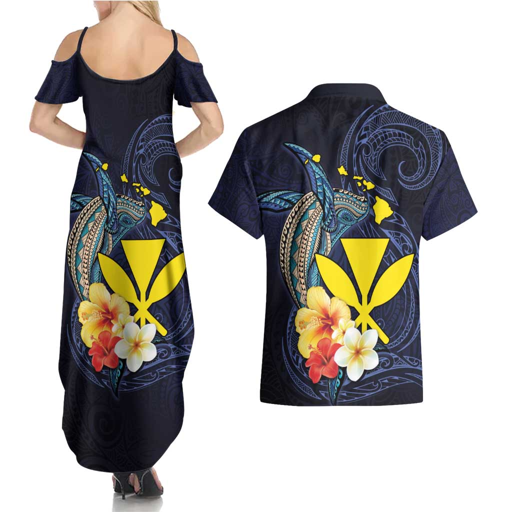 Hawaiian Whale and Kanaka Maoli Symbol Couples Matching Summer Maxi Dress and Hawaiian Shirt Hibiscus with Hawaii Map and Polynesian Tattoo Deep Sea Color