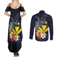 Hawaiian Whale and Kanaka Maoli Symbol Couples Matching Summer Maxi Dress and Long Sleeve Button Shirt Hibiscus with Hawaii Map and Polynesian Tattoo Deep Sea Color