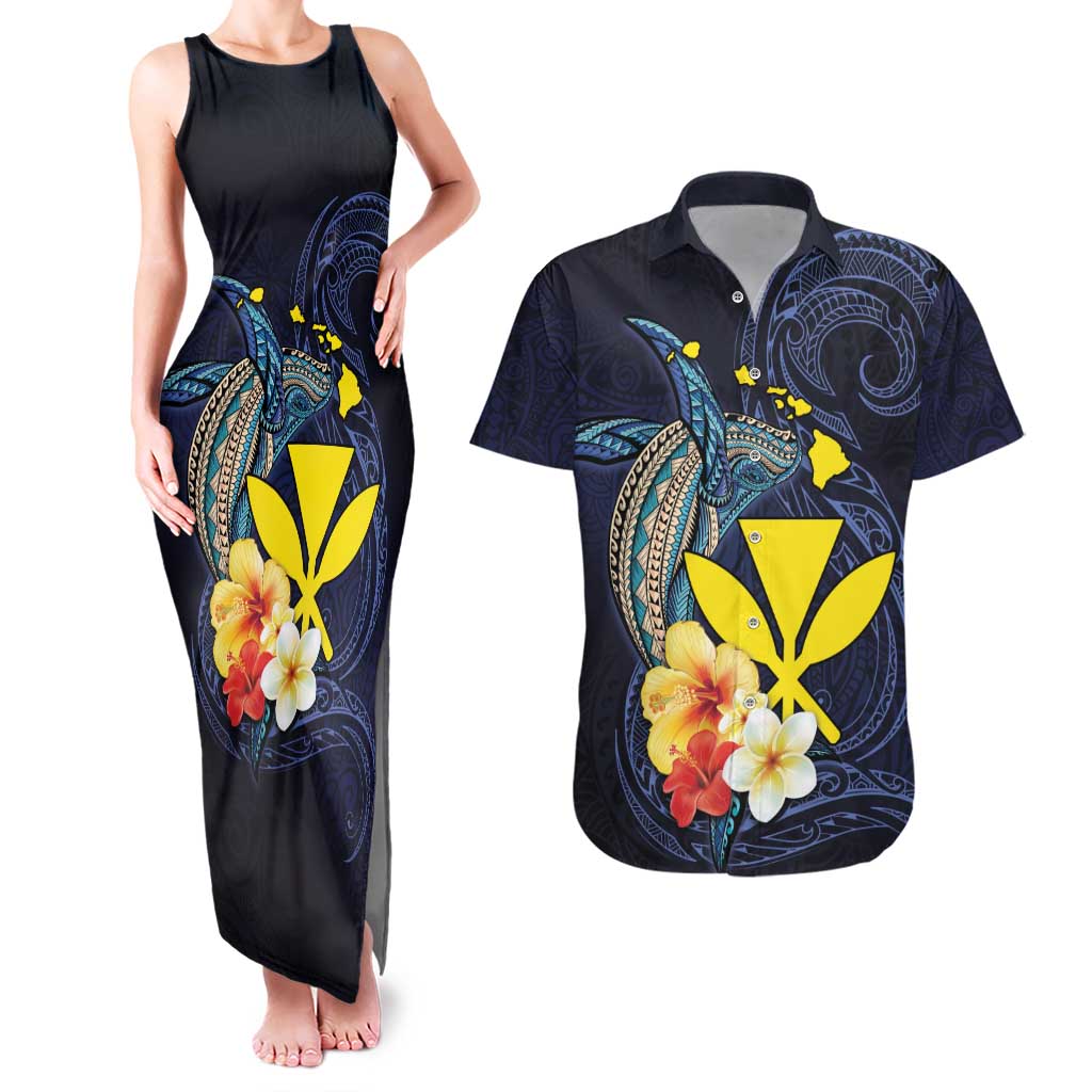 Hawaiian Whale and Kanaka Maoli Symbol Couples Matching Tank Maxi Dress and Hawaiian Shirt Hibiscus with Hawaii Map and Polynesian Tattoo Deep Sea Color LT03 Blue - Polynesian Pride