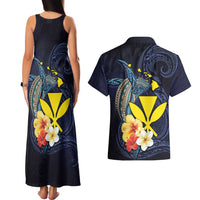 Hawaiian Whale and Kanaka Maoli Symbol Couples Matching Tank Maxi Dress and Hawaiian Shirt Hibiscus with Hawaii Map and Polynesian Tattoo Deep Sea Color