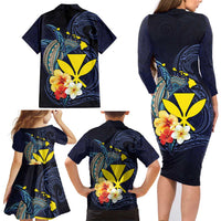 Hawaiian Whale and Kanaka Maoli Symbol Family Matching Long Sleeve Bodycon Dress and Hawaiian Shirt Hibiscus with Hawaii Map and Polynesian Tattoo Deep Sea Color
