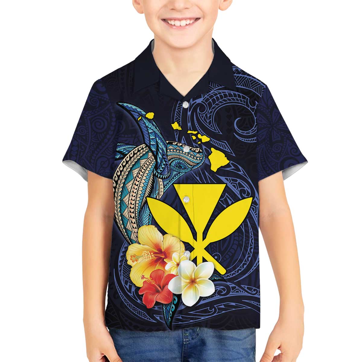 Hawaiian Whale and Kanaka Maoli Symbol Family Matching Puletasi and Hawaiian Shirt Hibiscus with Hawaii Map and Polynesian Tattoo Deep Sea Color