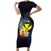 Hawaiian Whale and Kanaka Maoli Symbol Family Matching Short Sleeve Bodycon Dress and Hawaiian Shirt Hibiscus with Hawaii Map and Polynesian Tattoo Deep Sea Color