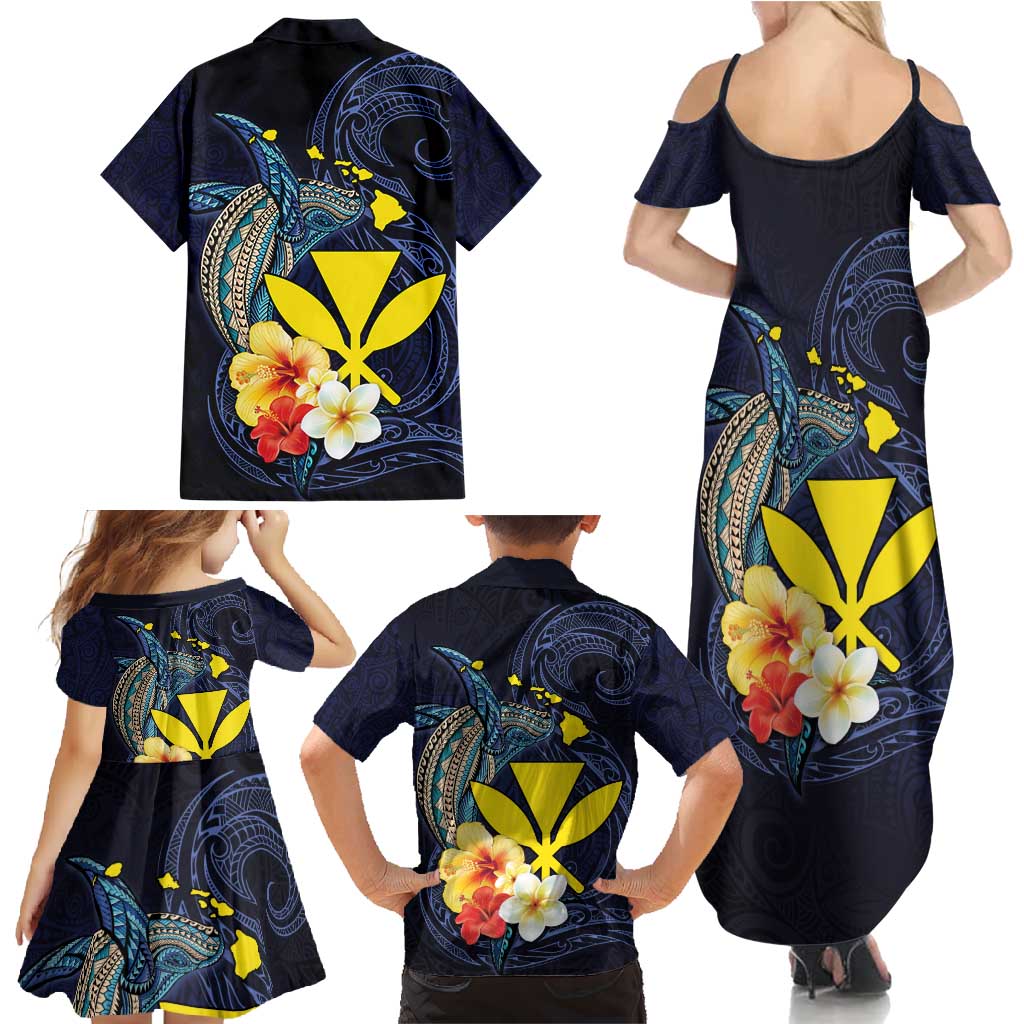 Hawaiian Whale and Kanaka Maoli Symbol Family Matching Summer Maxi Dress and Hawaiian Shirt Hibiscus with Hawaii Map and Polynesian Tattoo Deep Sea Color
