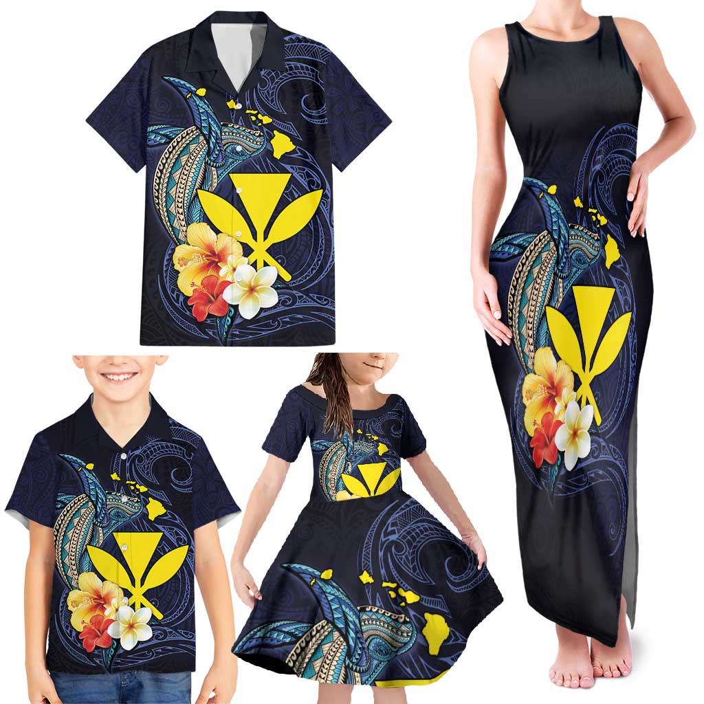 Hawaiian Whale and Kanaka Maoli Symbol Family Matching Tank Maxi Dress and Hawaiian Shirt Hibiscus with Hawaii Map and Polynesian Tattoo Deep Sea Color LT03 - Polynesian Pride