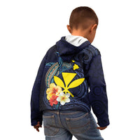 Hawaiian Whale and Kanaka Maoli Symbol Kid Hoodie Hibiscus with Hawaii Map and Polynesian Tattoo Deep Sea Color