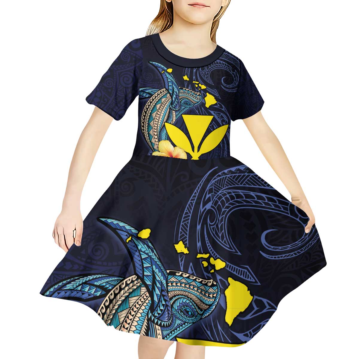 Hawaiian Whale and Kanaka Maoli Symbol Kid Short Sleeve Dress Hibiscus with Hawaii Map and Polynesian Tattoo Deep Sea Color