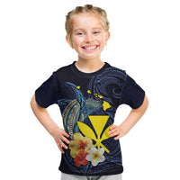 Hawaiian Whale and Kanaka Maoli Symbol Kid T Shirt Hibiscus with Hawaii Map and Polynesian Tattoo Deep Sea Color