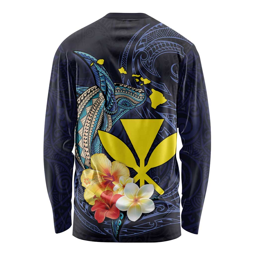 Hawaiian Whale and Kanaka Maoli Symbol Long Sleeve Shirt Hibiscus with Hawaii Map and Polynesian Tattoo Deep Sea Color