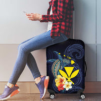 Hawaiian Whale and Kanaka Maoli Symbol Luggage Cover Hibiscus with Hawaii Map and Polynesian Tattoo Deep Sea Color