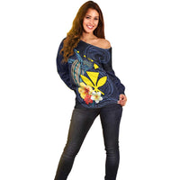 Hawaiian Whale and Kanaka Maoli Symbol Off Shoulder Sweater Hibiscus with Hawaii Map and Polynesian Tattoo Deep Sea Color