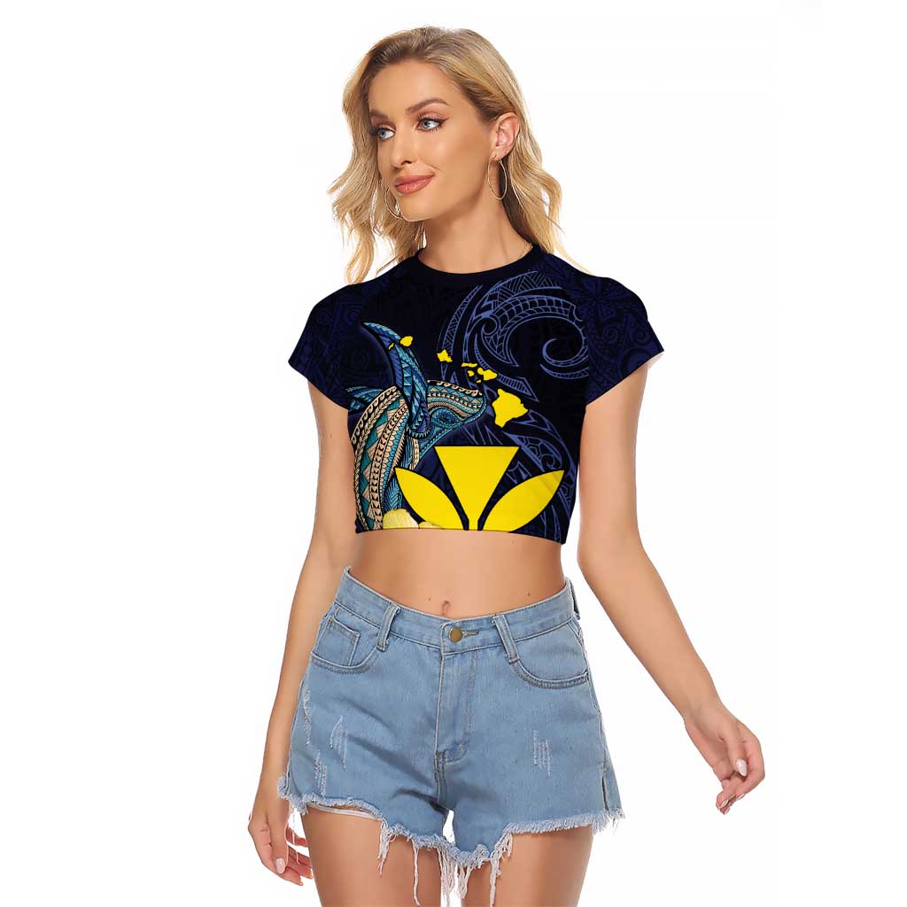 Hawaiian Whale and Kanaka Maoli Symbol Raglan Cropped T Shirt Hibiscus with Hawaii Map and Polynesian Tattoo Deep Sea Color
