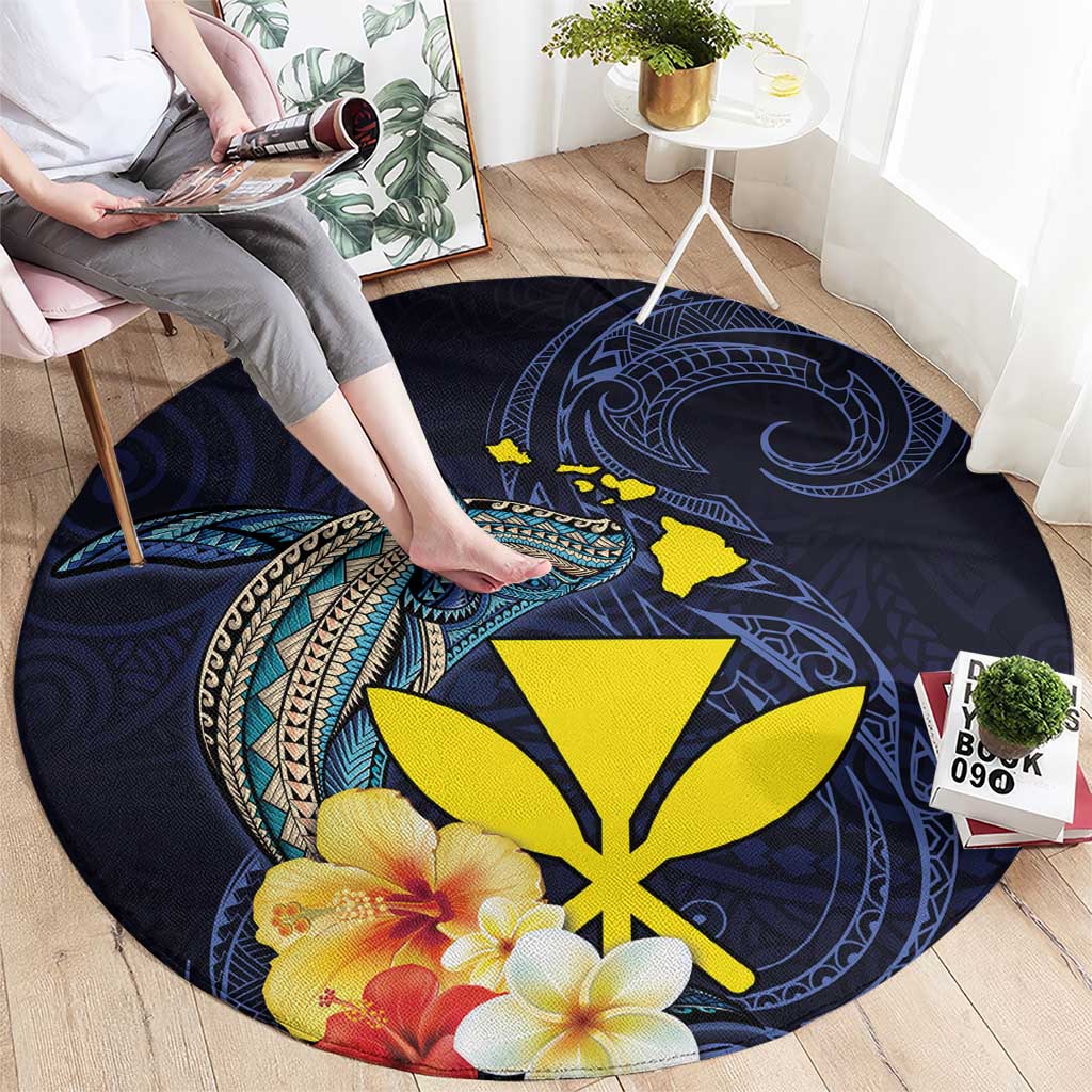 Hawaiian Whale and Kanaka Maoli Symbol Round Carpet Hibiscus with Hawaii Map and Polynesian Tattoo Deep Sea Color