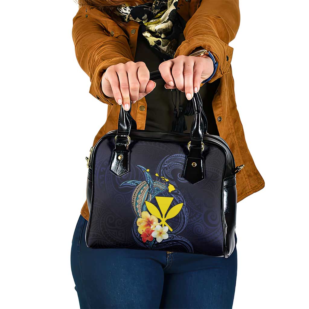 Hawaiian Whale and Kanaka Maoli Symbol Shoulder Handbag Hibiscus with Hawaii Map and Polynesian Tattoo Deep Sea Color LT03 One Size Blue - Polynesian Pride