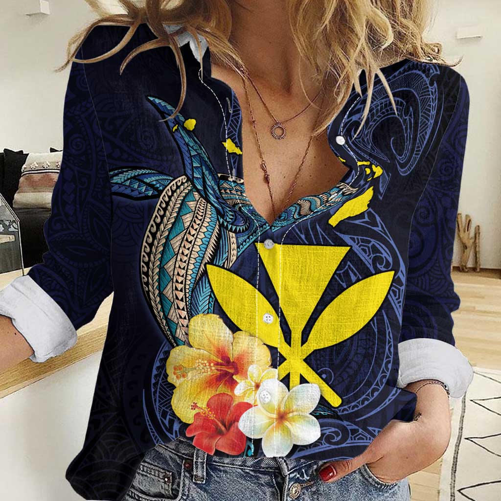 Hawaiian Whale and Kanaka Maoli Symbol Women Casual Shirt Hibiscus with Hawaii Map and Polynesian Tattoo Deep Sea Color