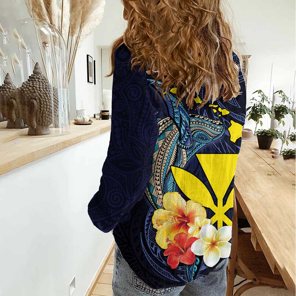 Hawaiian Whale and Kanaka Maoli Symbol Women Casual Shirt Hibiscus with Hawaii Map and Polynesian Tattoo Deep Sea Color