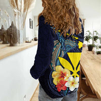 Hawaiian Whale and Kanaka Maoli Symbol Women Casual Shirt Hibiscus with Hawaii Map and Polynesian Tattoo Deep Sea Color