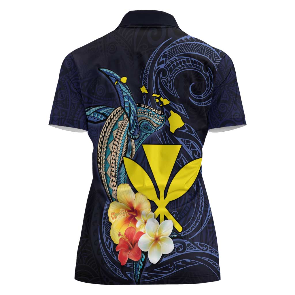 Hawaiian Whale and Kanaka Maoli Symbol Women Polo Shirt Hibiscus with Hawaii Map and Polynesian Tattoo Deep Sea Color