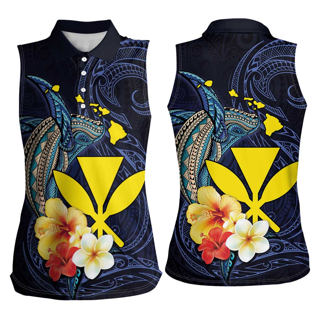 Hawaiian Whale and Kanaka Maoli Symbol Women Sleeveless Polo Shirt Hibiscus with Hawaii Map and Polynesian Tattoo Deep Sea Color
