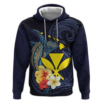 Hawaiian Whale and Kanaka Maoli Symbol Zip Hoodie Hibiscus with Hawaii Map and Polynesian Tattoo Deep Sea Color
