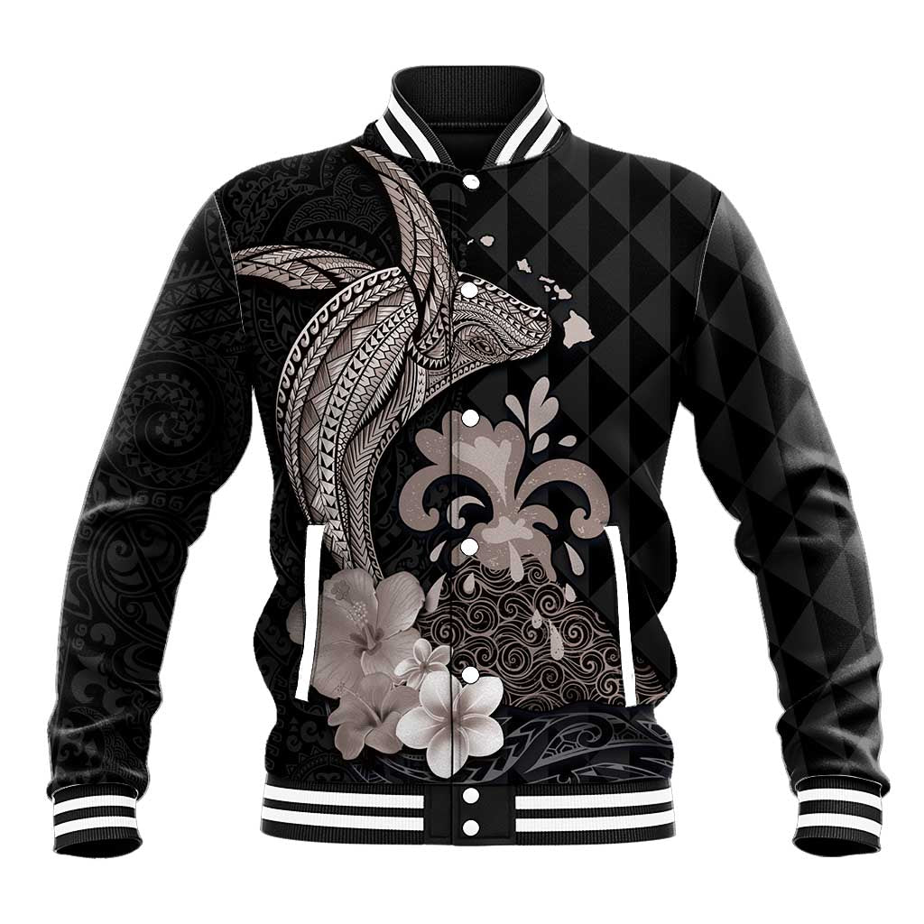 Hawaiian Whale and Volcanic Eruption Baseball Jacket Hibiscus and Kakau Pattern Grayscale Color LT03 Unisex Black - Polynesian Pride