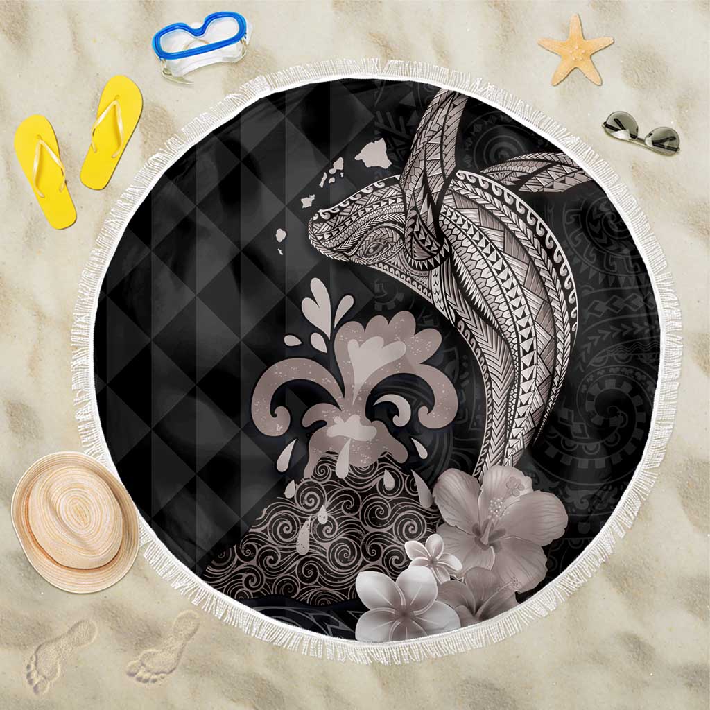 Hawaiian Whale and Volcanic Eruption Beach Blanket Hibiscus and Kakau Pattern Grayscale Color LT03 One Size 150cm Black - Polynesian Pride