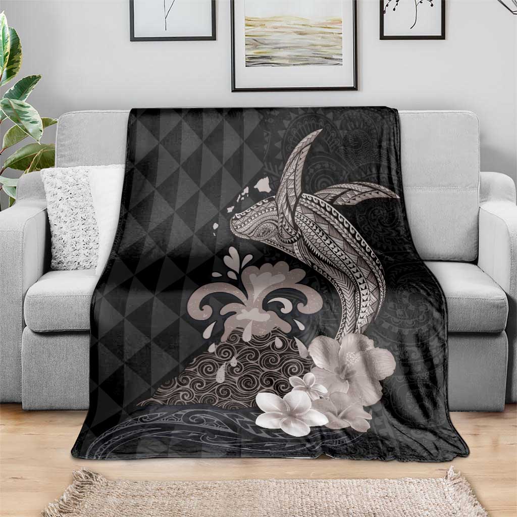Hawaiian Whale and Volcanic Eruption Blanket Hibiscus and Kakau Pattern Grayscale Color LT03 - Polynesian Pride